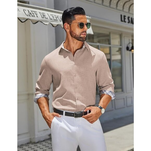 Coofandy Men Khaki Long Sleeve Button Down Untucked Regular Fit Dress Shirt - Picture 7 of 7